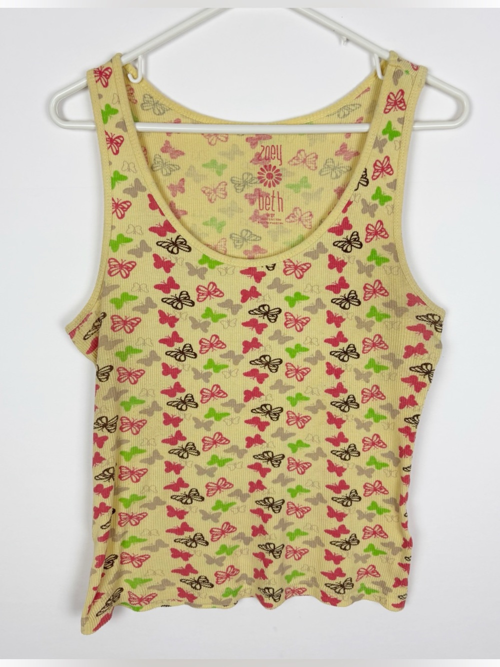 Zoey & Beth Tank Top Yellow Ribbed Butterfly Size Large Y2K